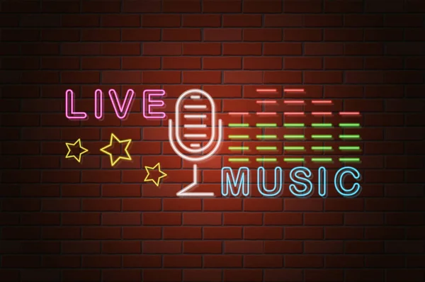 Leuchtende Leuchtreklame Live Musik Vektor Illustration Auf Backstein Wand Hintergrund — Stockvektor