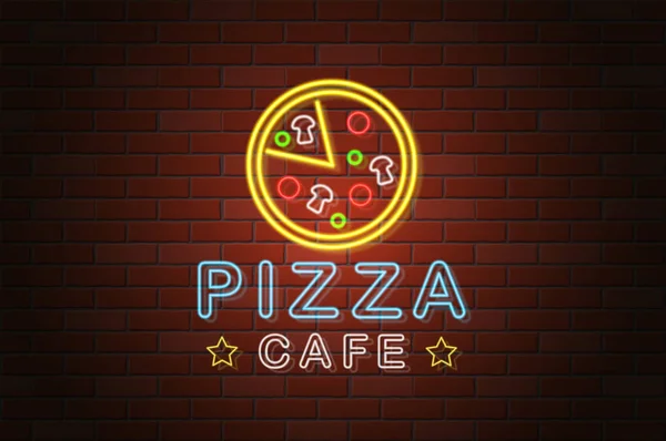 Glowing Neon Signboard Pizza Cafe Vector Illustration Brick Wall Background — Stock Vector