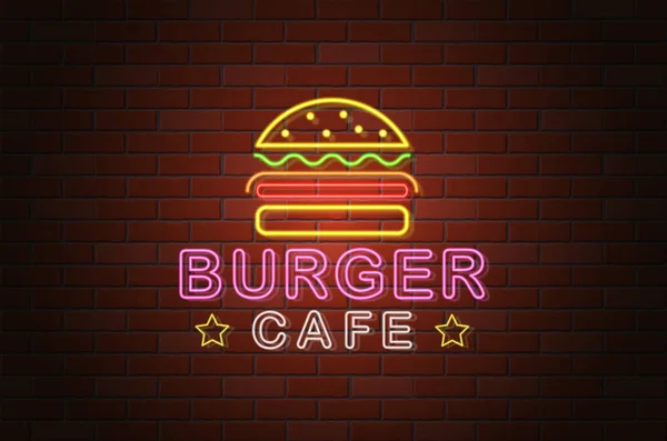 Λαμπερό Νέον Εικονογράφηση Φορέα Café Burger Πινακίδα Φόντο Τοίχο Τούβλου — Διανυσματικό Αρχείο