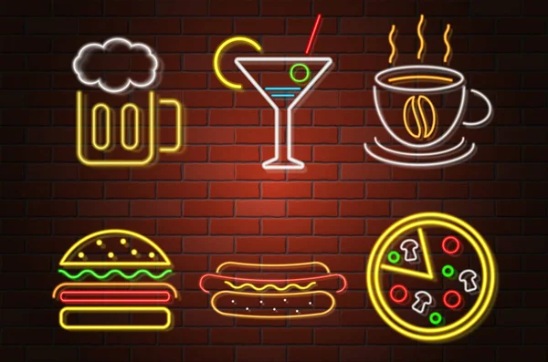 Glowing Neon Signboard Fast Food Drink Vector Illustration Isolated White — Stock Vector