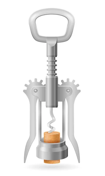 Metal Corkscrew Opening Cork Wine Bottle Vector Illustration Isolated White — Stock Vector