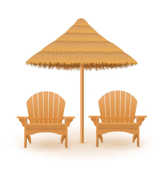 Шезлонг для лежаков деревянный и зонтик из дерева — стоковый вектор