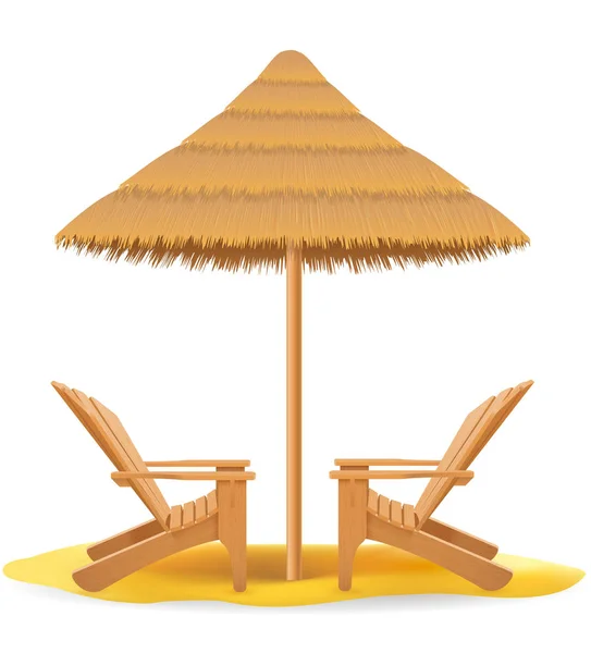 Plážová lenošky salonku dřevěné přístřešky a deštníky vyrobené ze str — Stockový vektor