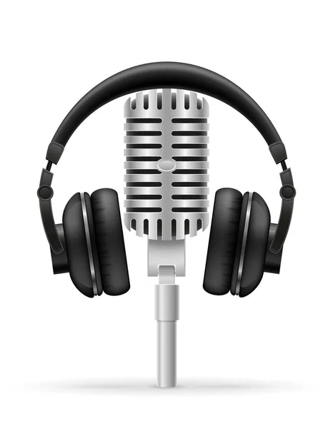 Ακουστικά Και Μικρόφωνο Για Απεικόνιση Διανύσματος Ραδιοφωνικού Στούντιο Απομονωμένο Λευκό — Διανυσματικό Αρχείο