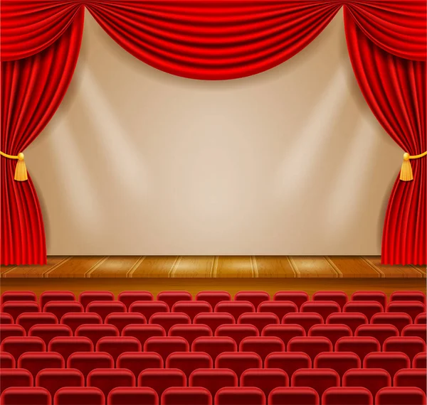 観客のためのカーテンとアームチェアを備えたホールのシアターステージベクトルイラスト — ストックベクタ
