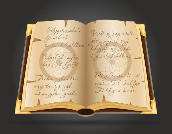 魔法の本に黒の背景に描かれた呪文のベクトルイラスト — ストックベクタ