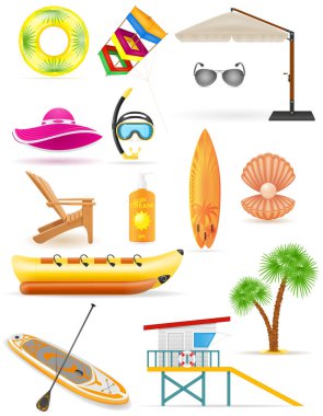 Teçhizat öğeleri beah ve deniz gevşeme çizgi film stok vektör ilüstrasyonu beyaz arkaplan izole