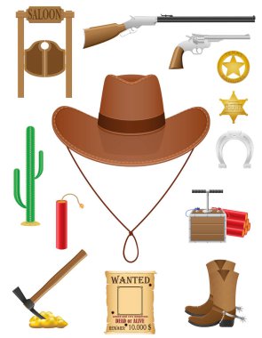 Batı Amerika Vahşi Batı öğeleri çizgi film stok vektör illüstrasyonu beyaz arka planda izole