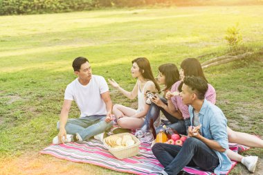Asya genç adam parkta arkadaşlarıyla piknik al