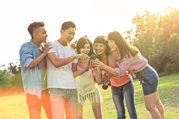 Gente Asiática Mira Algo Teléfono Celular Con Sus Amigos Parque — Foto de Stock