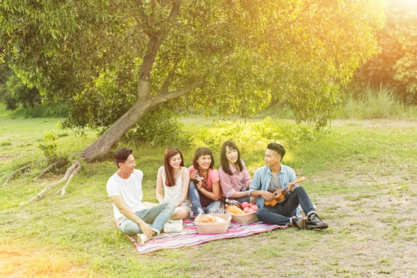 Asiatisk Ung Man Picknick Med Sina Vänner Parken — Stockfoto