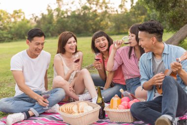 Asya insanlar bir piknik ile şarap almak