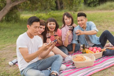 Asya insanlar bir piknik ile şarap almak