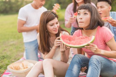 Asya insanlar bir piknik ile karpuz almak