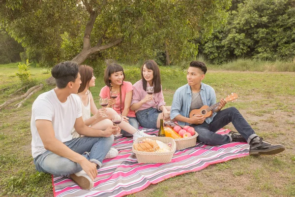 Asiatiska Människor Picknick Med Vin — Stockfoto