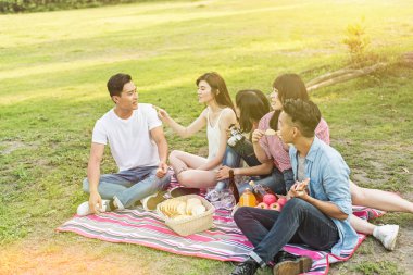 Asya genç adam parkta arkadaşlarıyla piknik al