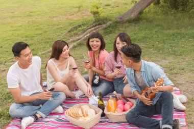 Asya insanlar bir piknik ile şarap almak
