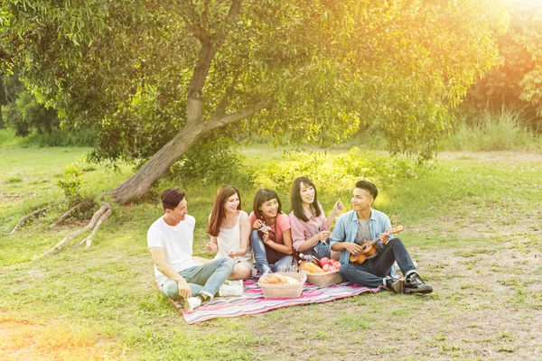 Asiatisk Ung Man Picknick Med Sina Vänner Parken — Stockfoto