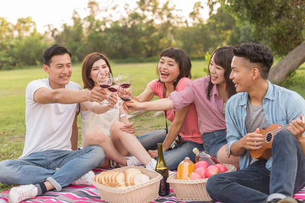 Asya insanlar bir piknik ile şarap almak