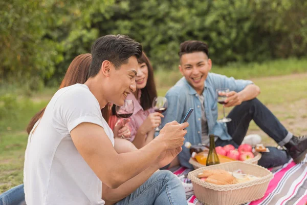 Asya insanlar bir piknik ile şarap almak