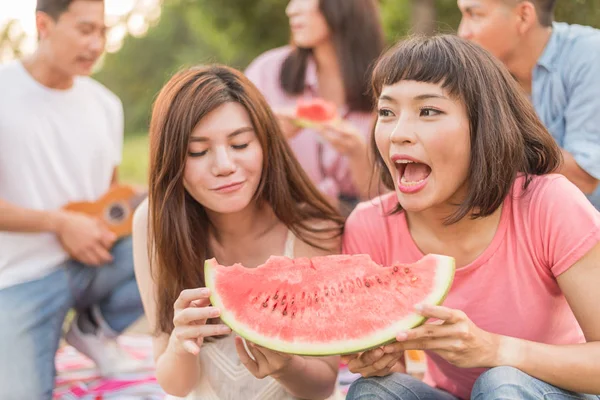 Asian people take a picnic with watermelon