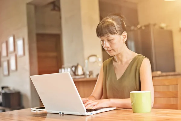 Asiática Madura Mujer Usando Laptop Concepto Trabajo Casa — Foto de Stock