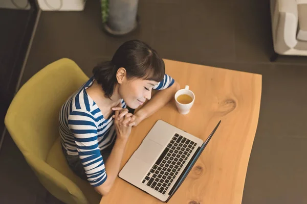 Asian Woman Using Laptop Night Concept Working Home — Stock Photo, Image