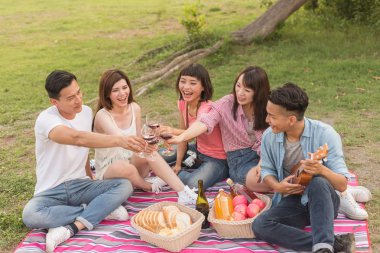 Asya insanlar bir piknik ile şarap almak