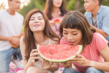 Asya insanlar bir piknik ile karpuz almak