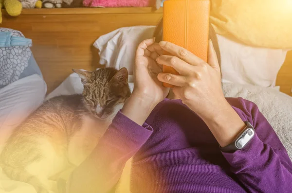 Mulher Usando Celular Cama Com Seu Gato — Fotografia de Stock