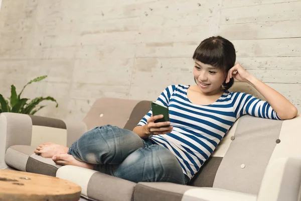 Asian Woman Use Cellphone Home — Stock Photo, Image