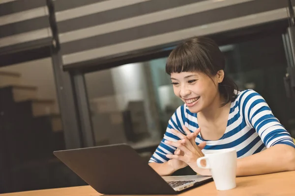 Asian Woman Using Laptop Night Concept Working Home — Stock Photo, Image