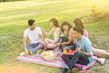 Asya genç adam parkta arkadaşlarıyla piknik al