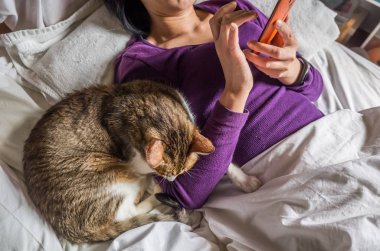 yatakta onun kedisi ile cep telefonu kullanan kadın