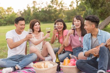 Asya insanlar bir piknik ile şarap almak