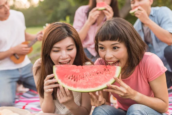 Asian people take a picnic with watermelon