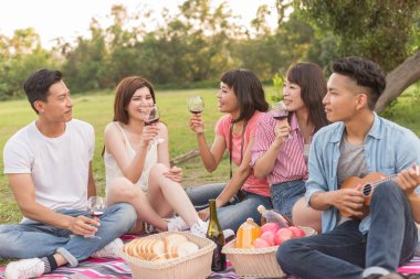 Asya insanlar bir piknik ile şarap almak