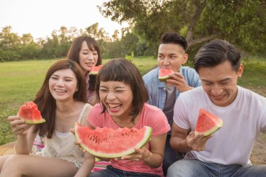 Asya insanlar bir piknik ile karpuz almak