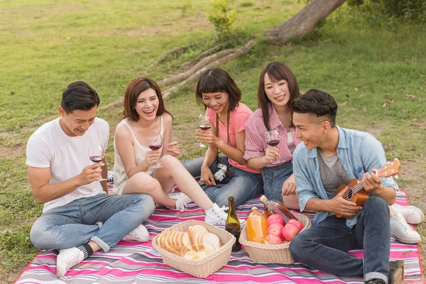 Asya insanlar bir piknik ile şarap almak