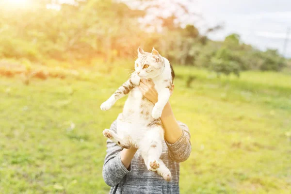 Kvinnan Håller Katt Katt Håller Utomhus — Stockfoto