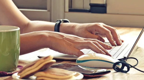 Concept Working Home Woman Using Laptop — Stock Photo, Image