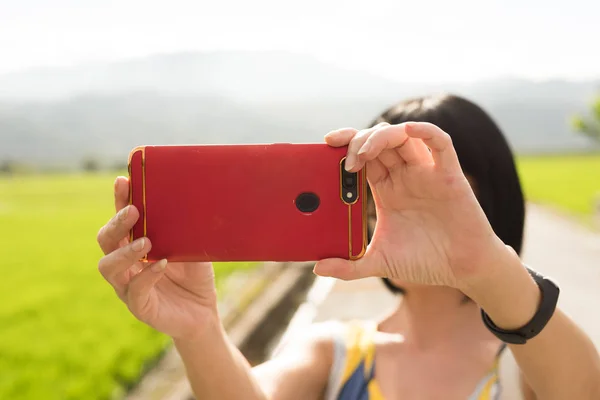 Mature Woman Asian Take Selfie Outdoor — Stock Photo, Image