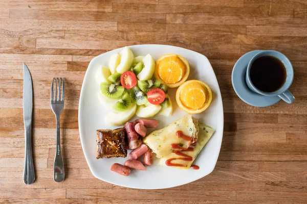 Petit Déjeuner Plat Sur Table Matin Avec Personne — Photo