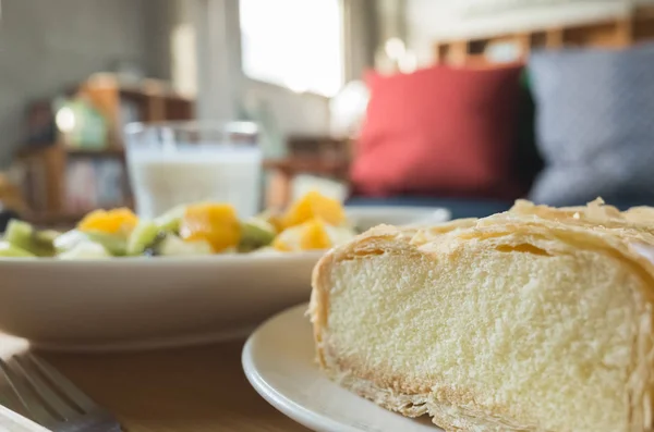 Café Manhã Com Leite Frutas Bolo Manhã — Fotografia de Stock