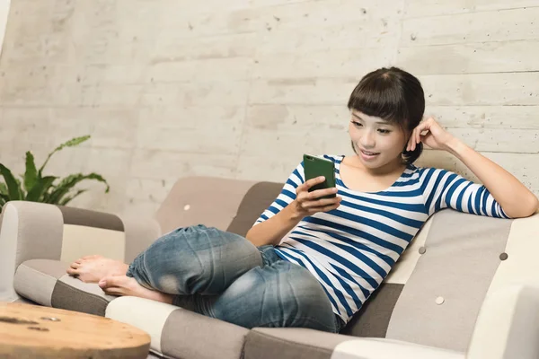 Asian Woman Use Cellphone Home — Stock Photo, Image