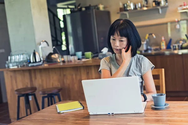 Asian Mature Woman Talking Smartphone Concept Working Home — Stock Photo, Image