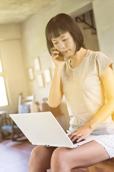 Asian Mature Woman Talking Smartphone Concept Working Home — Stock Photo, Image