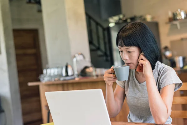 Asian Mature Woman Talking Smartphone Concept Working Home — Stock Photo, Image