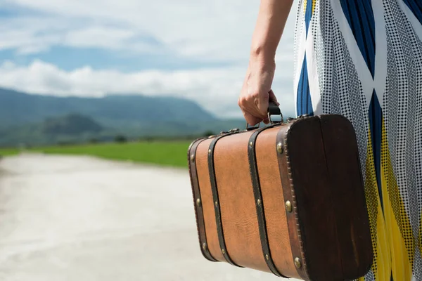 Woman Holding Suitcase Road Countryside — Stock Photo, Image