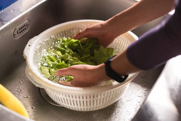 Woman Washing Vegetables Sink Home — Stock Photo, Image